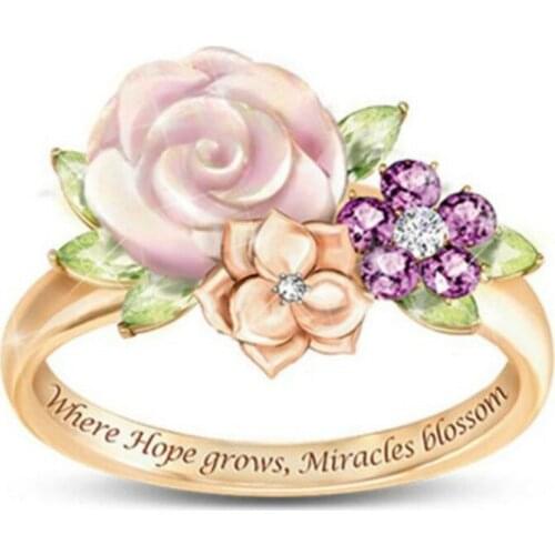 Flower Design Golden Color Ring Whit Pink Color Plant Accessories For Woman Wedding Engegament Finger Jewelry Inner Engraved
