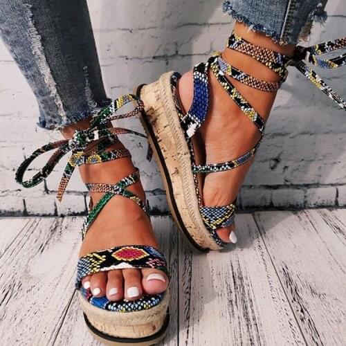 2020 Fashion Summer Women Snake Sandals Platform Heels Cross Strap Ankle Lace Peep Toe Beach Party Ladies Shoes Zapatos De Mujer