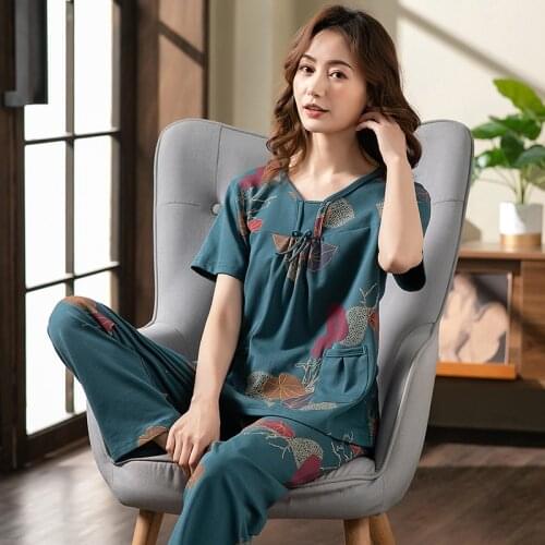 Plus Size M-4XL Women Cotton Pajamas Sets Soft Nightwear Summer Short Sleeve Pyjamas Leaf Print Sleepwear Female Pijamas Mujer