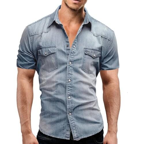 Men Denim Shirts 2021 Summer Mens Short Sleeve Soft Cotton Shirts Man Slim Slight Elastic Jeans Top Male Cowboy Clothing XXXL