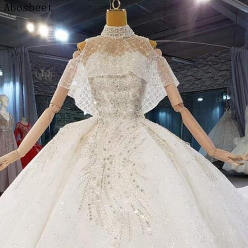 Elegant Ball Gown Wedding Dress with Shawl Shining Sequins Plus Size Bridal Gown 150CM Train Sweetheart Robe Mariee Lace Up Back