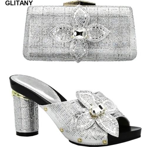 Italian Shoes with Matching Bags Nigerian Women Wedding Shoes and Bag Decorated with Rhinestone Woman Italian Shoes and Bags Set