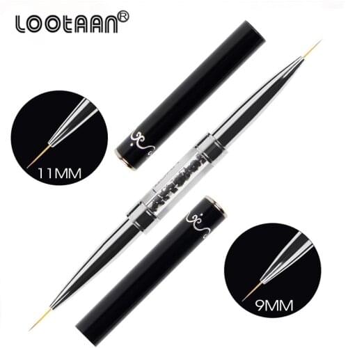 Lootaan Black Double Head Crystal Handle 9mm&11mm Drawing Brush Liner Painting Pen Gel Polish Crystal Nail Art Manicure Tools