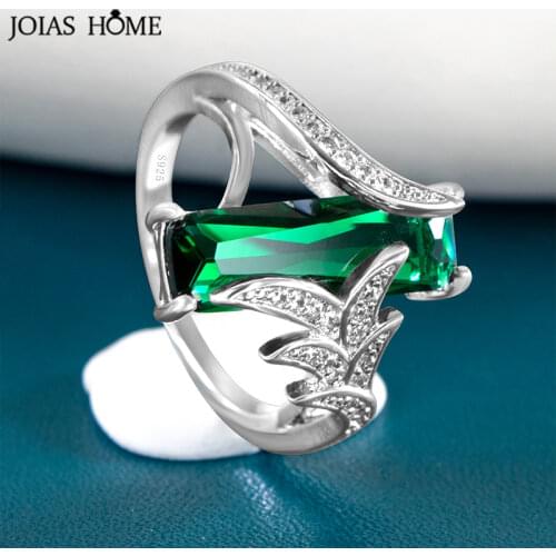 JoiasHome Classic Silver 925 Rings With 6*18mm Rectangle Shape Emerald Gemstone Ring For Women Wedding Party Gift Size 6-10