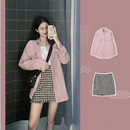 Two Pieces] Sweet Short-Height Pink Sunscreen Pink Shirt + Plaid Half-Length Skirt Fashion Suit, Female