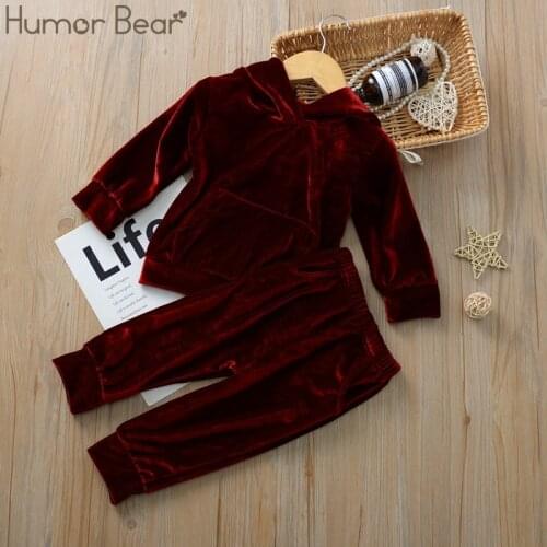 Humor Bear Fashion Childrens Clothes Suit Autumn Winter Velvet Long-sleeved Hooded Top+ Pants Toddler Christmas Outfits