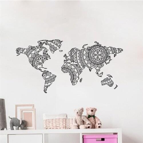 Mandala World Map Wall Sticker Bedroom Decor Yoga Wall Vinyl Art Pattern Wall Decal Modern Boho Style Home Decor Mural