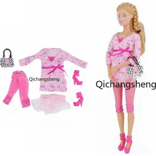 11.5" Pink Princess Clothes For Barbie Doll Outfits Cat Dragonfly Print Shirt Lace Skirt Leggings Shoes Bag 1/6 BJD Accessories