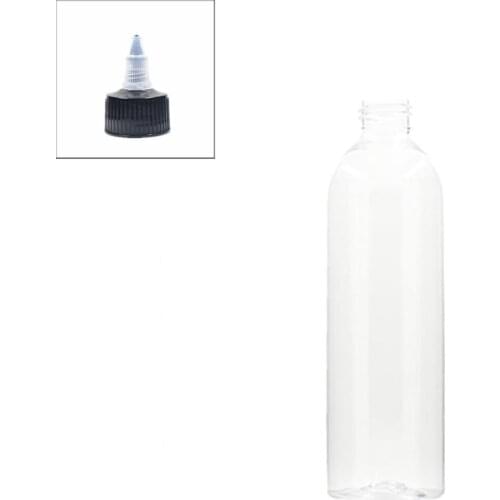 250ml empty cosmo round plastic bottle, clear pet bottle with black Twist Top Caps pointed mouth top lid