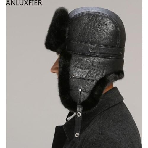 H7137 Men Bomber Hat Male Winter Thicken Ear Protection Cap Middle-aged Adult Man Outdoor Casual Warm Imitation Leather Hats