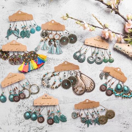 Vintage Ethnic 30 New Big Round Bronze Earrings Set For Women Bohemian Flower Shell Tassel Geometric Water Drop Earring Jewelry