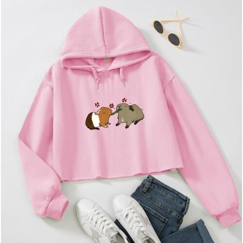 Guinea Pig Print Hoodie Harajuku Cotton Cropped Top Crop Top Hoodie for Girls Aesthetic Graphic Sweatshirt Drop Shoulder Hoddies