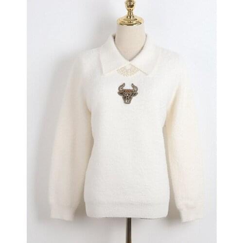 Knit Sweaters Women Pullover Sweater Top Black White Pink Lapel Neck Long Sleeve Casual Sweater