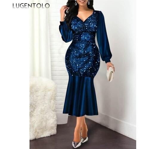 Party Slim Dress Women Long Sleeve Sequins Shiny V-neck Dresses Large Size Female Elegant Temperament Office Dress Lugentolo