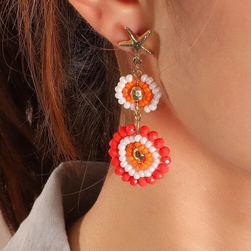 Hyperbole Alloy Starfish Dangle Earrings For Women Acrylic Bead Drop Earrings Round Gold Summer Dress Ear Jewelry Ornament