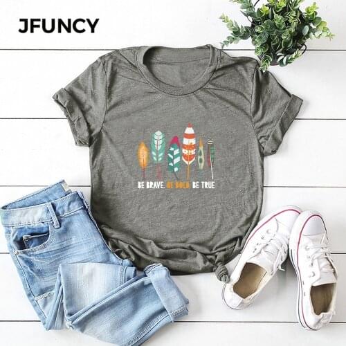 JFUNCY Plus Size Women T-shirts 2020 Summer Feather Printed T Shirt Female Short Sleeve Cotton Tshirt Woman Casual Loose Clothes