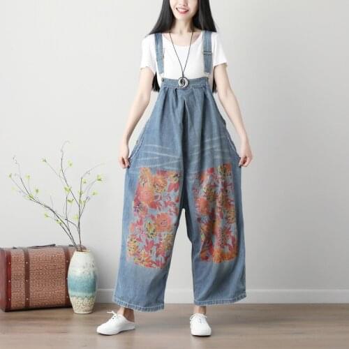 Women Retro Floral Printed Bib Pants Casual Loose wide leg jumpsuit overalls washed old jeans