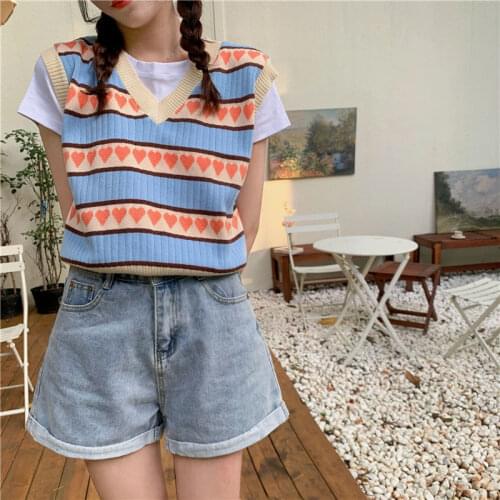 Korean Style Striped Heart-shaped Print V-neck Vest Sweater Womens Spring and Autumn Slimmer Sleeveless Pullover Top