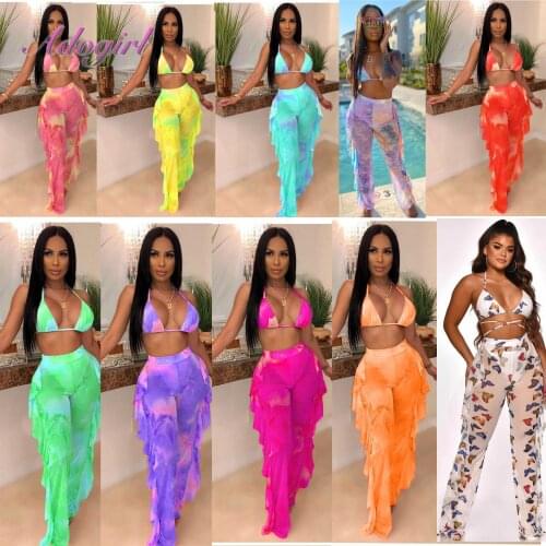 2020 women new summer tie dye print halter v-neck top ruffles splicing pants suit two piece set beach tracksuit outfit