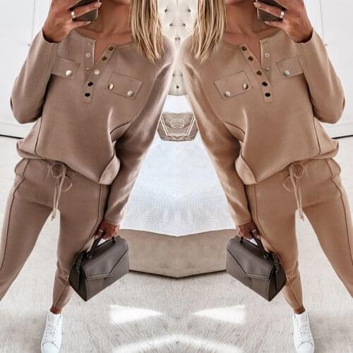 2021 Spring V Neck Buttoned Pocket Loose Long Sleeve Sweatshirts Women Training suit Drawstring Fitness Pants Set Sportswear