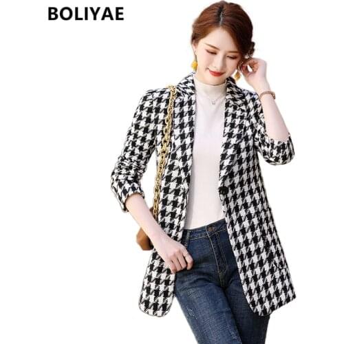 Boliyae Tweed Houndstooth Womens Blazer Autumn And Winter 2021 New Fashion Long Sleeve Jacke Female Office Coat Girls Chic Tops