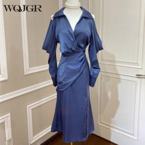 WQJGR Women Shirt Dress Strapless Split Lapel Criss Cross Long Sleeve Slim Waist 2021 New Autumn Fashion Dress Elegant
