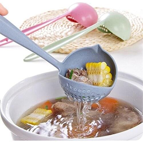 2 in 1 Long Handle Soup Spoon Colander Home Strainer Cooking Tools Wheat Straw Scoop Ladle Tableware Kitchen Utensils Gadgets