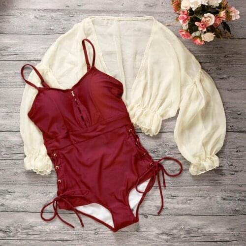 2021 New Women Solid One Piece Swimwear Padded Bathing Suit Bandage Summer Sexy Swimsuit Swimsuit Swim Monokini Suits with Tops