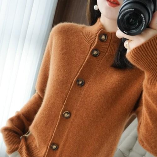 2021 Spring Autumn Women New Womens 100% Cashmere And Wool O-Neck Cardigan Fashion Colors Female Knitted Large Size Soft Knitte