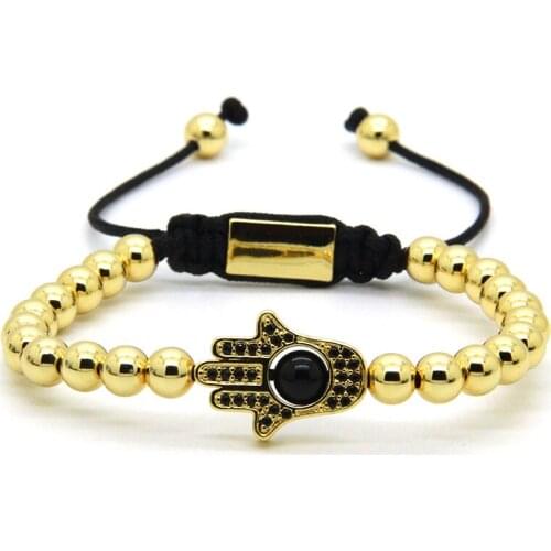 Ailatu Powerful Jewelry Wholesale Best Quality 6mm Brass Beads with Black Cz Fatima Hand Hamsa Macrame Bracelet
