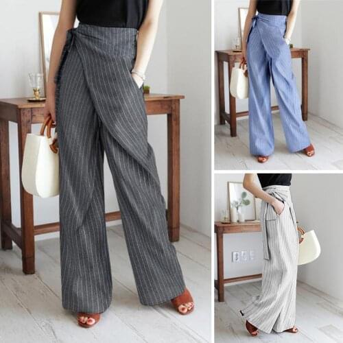 50% Hot Sales!!!Pants Stripes Wide Leg Slacks Women High Waist Pockets Bandage Trousers for Work