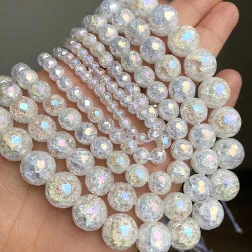 Natural Stone Faceted AB White Snow Cracked Quartz Crystal Beads For Jewelry Making Diy Bracelet Necklace 15Inch 4 6 8 10 12mm