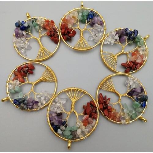Fashion Gold colour Tree of Life 50MM Wisdom Tree Chakra Reiki Healing Natural Stone Pendants 12pcs/lot for Jewelry making
