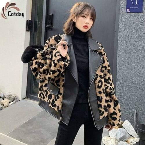Cotday Thick Cotday Lamb Fur Leopard Print Motorcycle Winter Warm Women Leopard Faux Leather Jackets Female Fur In One Fur Coat