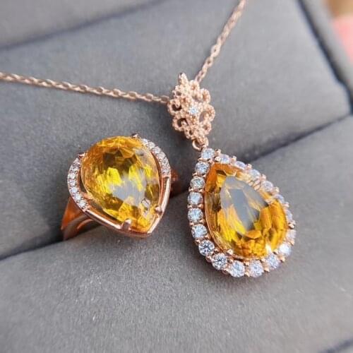 Elegant Gift for Anniversary Most Popular Real And Natural Citrine Set 925 Sterling Silver,1pc Citrine Ring,1pc Citrine Pendant