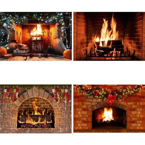 Fireplace Photography Background Winter Christams Party Backdrop Decoration Brick Wall Wood Fireplace Sock Photo Shoot Photocall