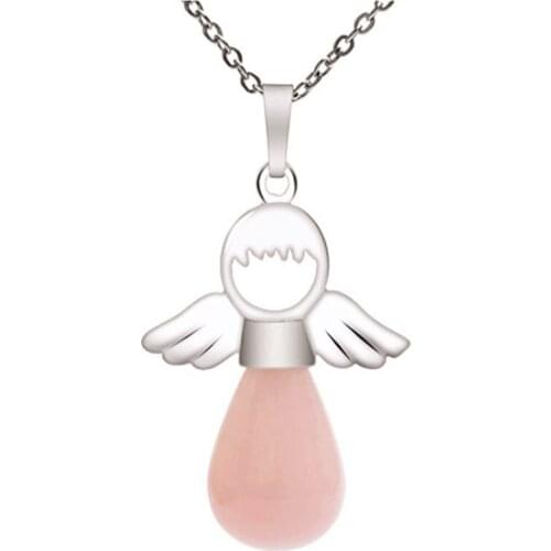 FYJS Unique Silver Plated Angel Wing Natural Rose Pink Quartz Pendant Water Drop Necklace for Women Jewelry