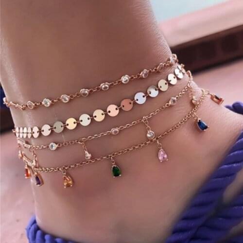 4 Pcs/Set Boho Gold Colorful Crystal Wafer MultiLayer Anklets for Women Chains Adjustable Anklets Set Foot Jewelry Accessories
