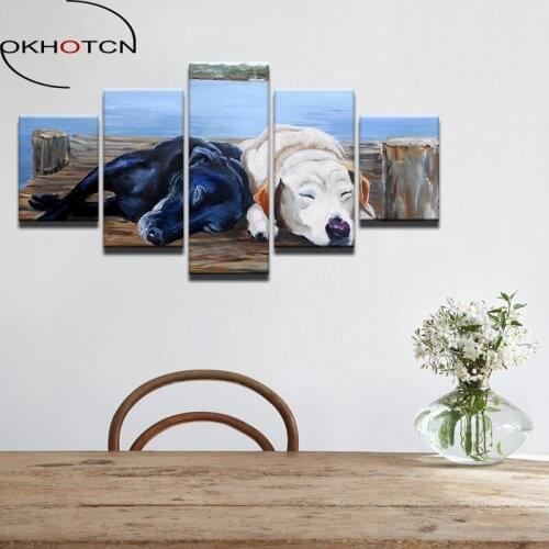 OKHOTCN Modular Pictures Wall Art Home Decor Poster Frame 5 Pieces Sleeping Black White Animal Dogs Living Room Canvas Painting