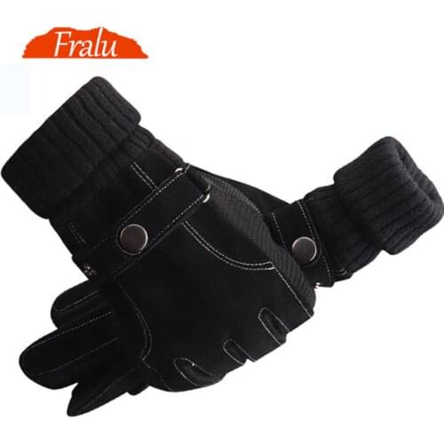 FRALU Men Genuine Leather Gloves Autumn Winter Warm Touch Screen Full Finger Black Gloves High Quality
