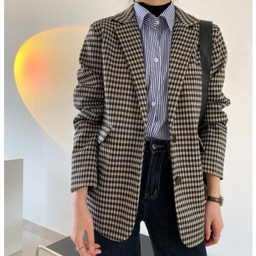 Spring Autumn New Vintage Plaid Suit Coat Women Long Sleeve Single Breasted Korean Loose Blazer Office Lady Female Casual Jacket
