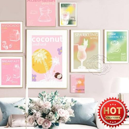 Beverage Cookbook Poster, Espresso Coffee Green Tea Latte Art Prints, Sparkling Wine Whiskey Soda Milk Coconut Drink Wall Decor