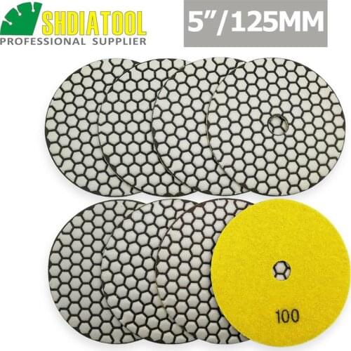 SHDIATOOL 8pcs 125mm/5" #100 Diamond Dry Polishing Pads Diameter Resin Bond Flexible Sanding Disc For Granite Marble Ceramic