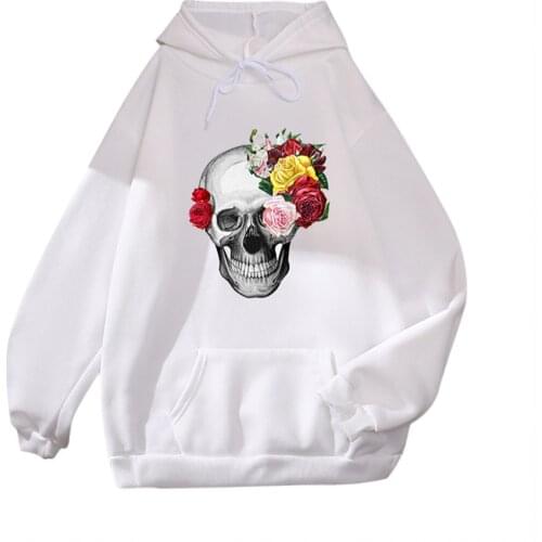 Classic Skull Printing Long Sleeve Sweatshirt Womens Casual Loose Pocket Hooded Blouse Harajuku Draw String Round Neck Pullover