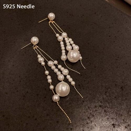 925 Sterling Silver Needle Long Long Dangle Drop Earrings for Women Jewelry Shining Pearls Female Tassel Earrings