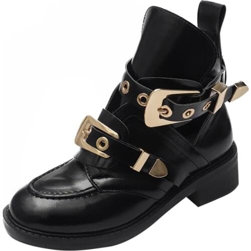 Women Shoes Sandals Leather Ankle Motorcycle Boots Riding Gladiator Bootie Flats Cutout Square Heel Buckle Runway Size44
