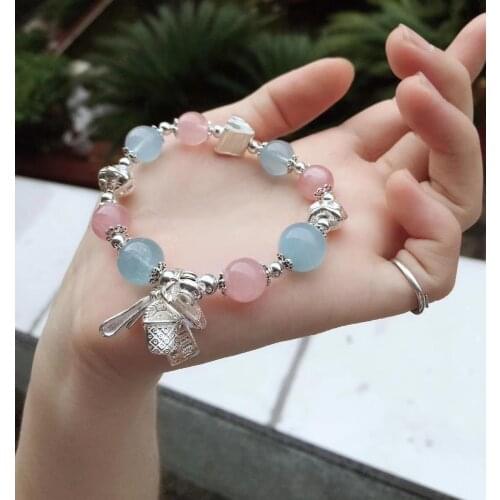 Sterling S925 Silver Bracelet Womens Pink Crystal Treasure Tassel Beads 12mm 16cmL