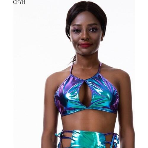 Womens Holographic Shiny Wetlook Metallic Tops Halter Cut Out Strappy Crop Tops Vest Club Rave Costume Beach Swimsuit