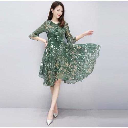 Large Size Summer Womens 2020 New Chiffon Dress V-neck Half Sleeve Starry Sky Floral Dress A-line Irregular Ruffle Clothes r280