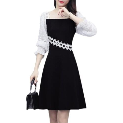 2021 spring new womens dress Oversize women chiffon dress long sleeve stitching hollow A-line dress hedging black dress Female